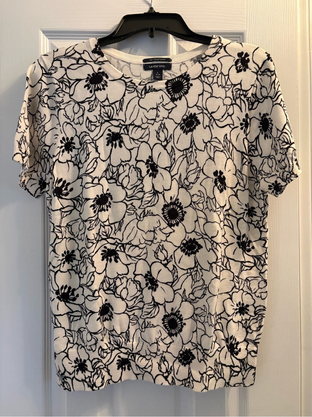 Lands' End Black and White Floral Short-Sleeve Knit Top